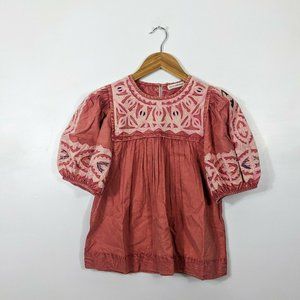 ULLA JOHNSON NWT Aleida Puff Sleeve Embroidered Top Sunbleached Rose 0